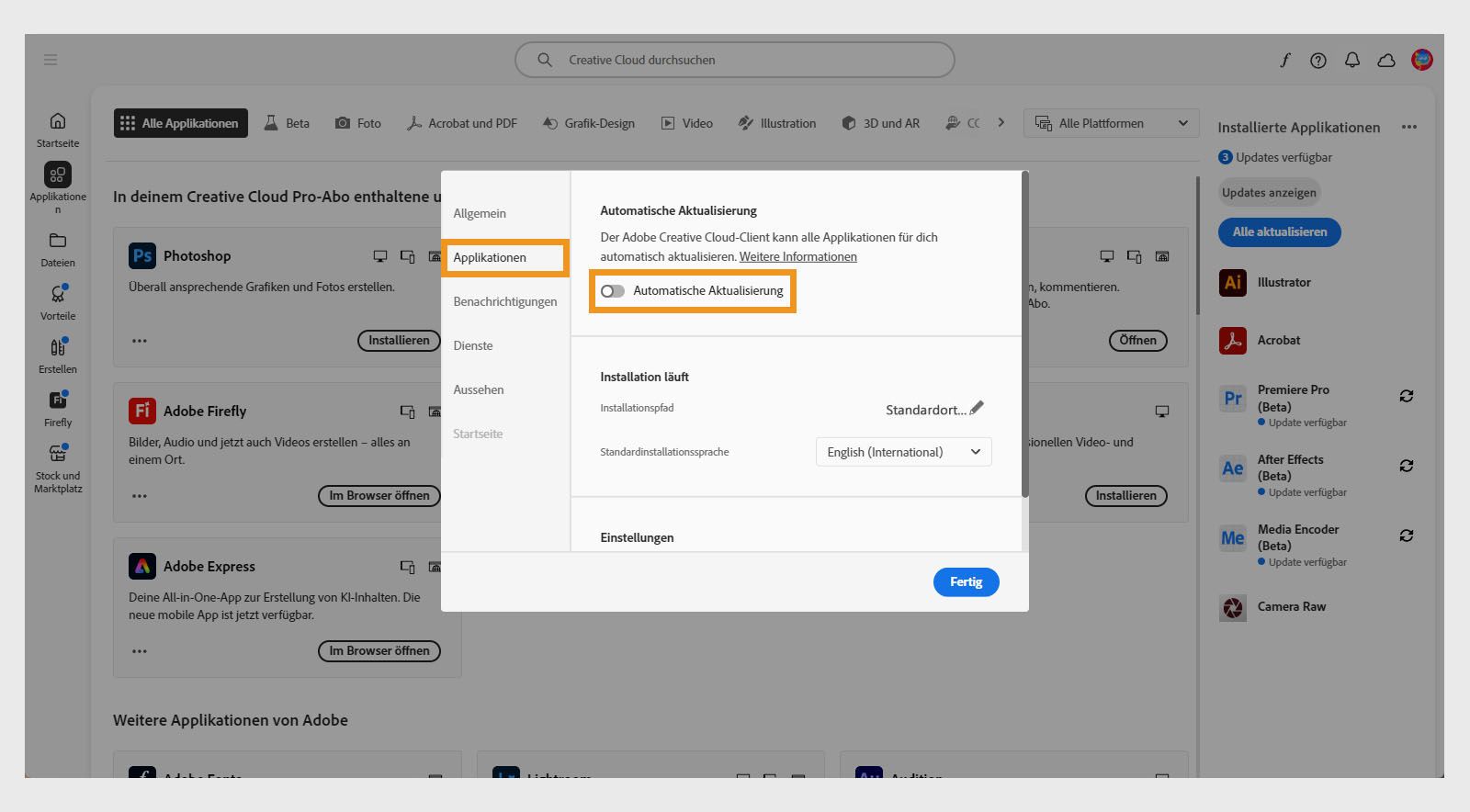 Die Registerkarte &quot;Apps&quot; im Fenster &quot;Einstellungen&quot; bietet die Möglichkeit, die automatische Aktualisierung für alle Apps zu aktivieren. Sobald aktiviert, kannst du sie für einzelne Anwendungen ein- oder ausschalten. 
