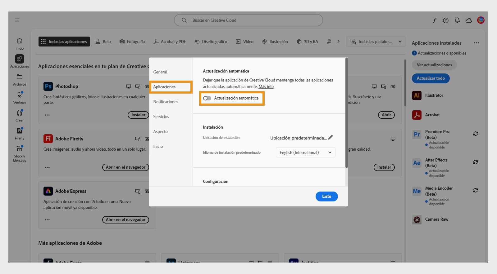 La pestaña Aplicaciones en la ventana Preferencias proporciona la opción de activar la actualización automática para todas las aplicaciones.Una vez activada, puede activarla o desactivarla para aplicaciones individuales.