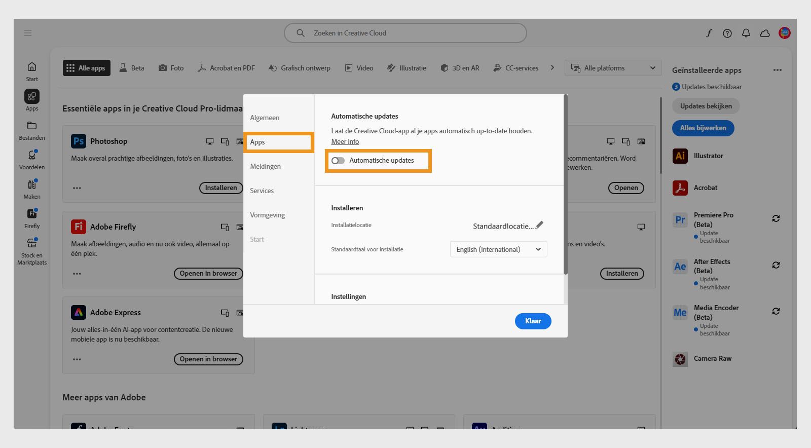 Het tabblad Apps in het venster Voorkeuren biedt de optie om Automatisch bijwerken in te schakelen voor alle apps. Eenmaal ingeschakeld kunt u het voor afzonderlijke apps in- of uitschakelen. 