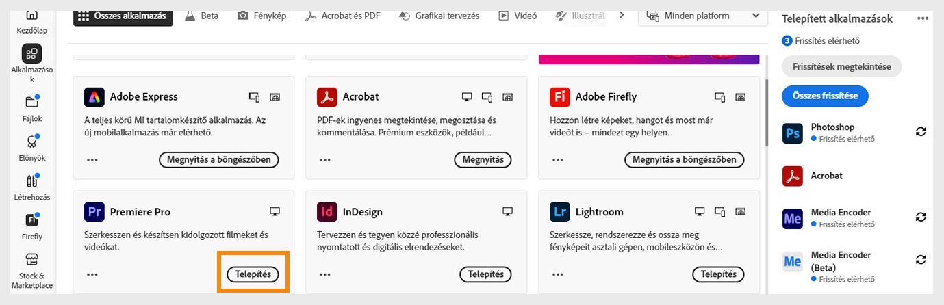 A Creative Cloud webes felületének Alkalmazások lapja megjeleníti az elindításhoz, telepítéshez, böngészőben való megnyitáshoz vagy asztali gépen való megnyitáshoz elérhető alkalmazásokat. 