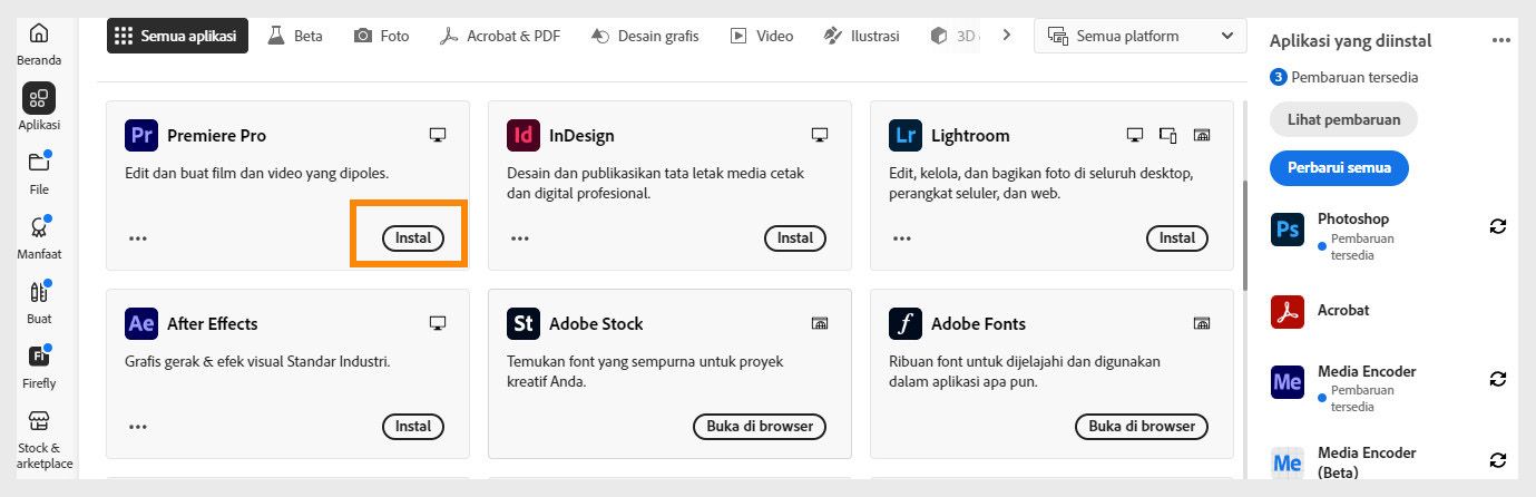 Tab Aplikasi di web Creative Cloud menunjukkan aplikasi yang tersedia untuk diluncurkan, diinstal, dibuka di browser, atau dibuka di desktop.