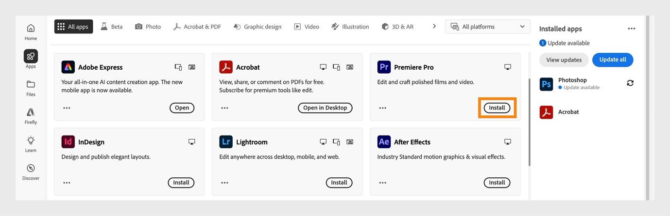 Creative Cloud Web 的“应用程序”选项卡显示可用于启动、安装、在浏览器或桌面打开的应用程序。