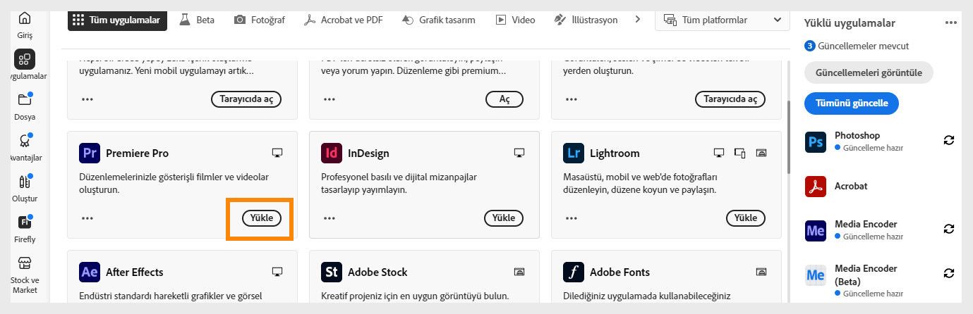 Creative Cloud web'in Uygulamalar sekmesi başlatılabilecek, yüklenebilecek, tarayıcıda açılabilecek veya masaüstünde açılabilecek uygulamaları gösterir. 