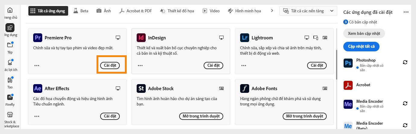 Tab Ứng dụng trên web Creative Cloud hiển thị các ứng dụng có sẵn để launch, cài đặt, mở trong trình duyệt hoặc mở trên máy tính để bàn. 