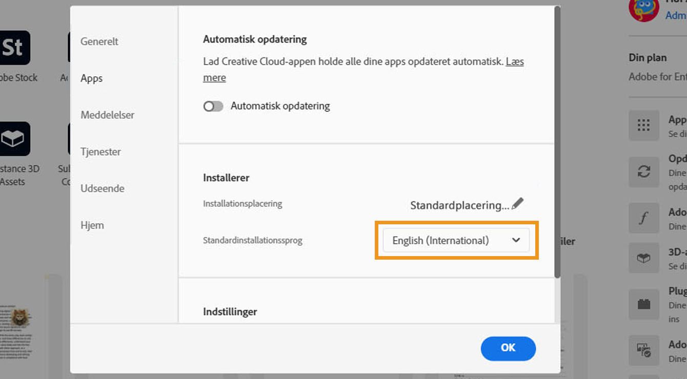 Fanen Apps i vinduet Præferencer viser muligheder for at aktivere eller deaktivere automatiske opdateringer. Vælg installationsplacering og standardinstallationssprog og se ældre apps. 