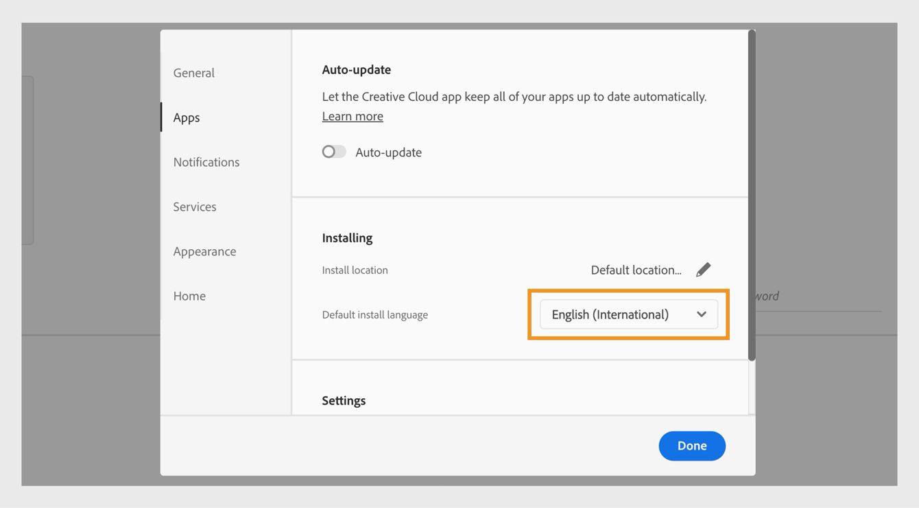 הכרטיסייה Apps של חלון Preferences המציגה אפשרויות להפעלה או להשבתה של עדכונים אוטומטיים, לבחירת מיקום ההתקנה ושפת ההתקנה שתוגדר כברירת המחדל, ולהצגה של יישומים ישנים יותר. 