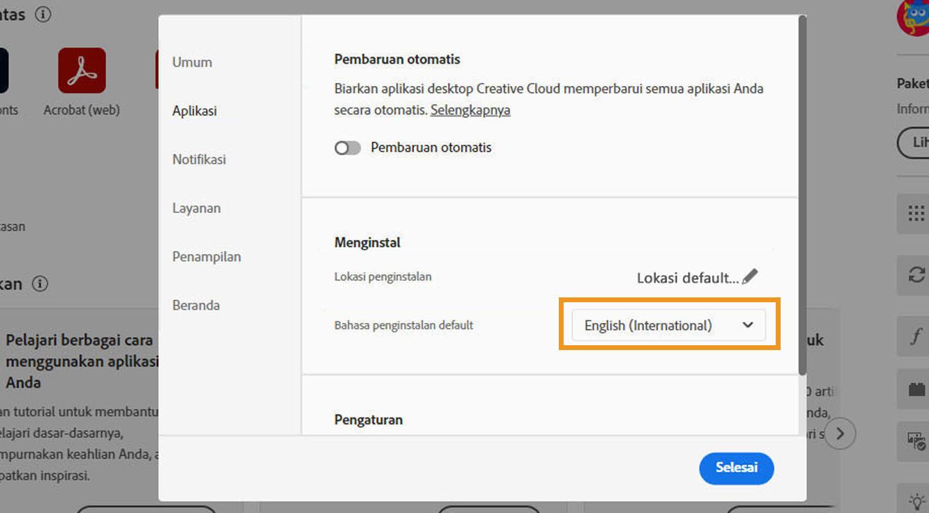 Tab Aplikasi pada jendela Preferensi menampilkan opsi untuk mengaktifkan atau menonaktifkan pembaruan otomatis, memilih lokasi penginstalan dan bahasa penginstalan default, serta melihat aplikasi lama. 