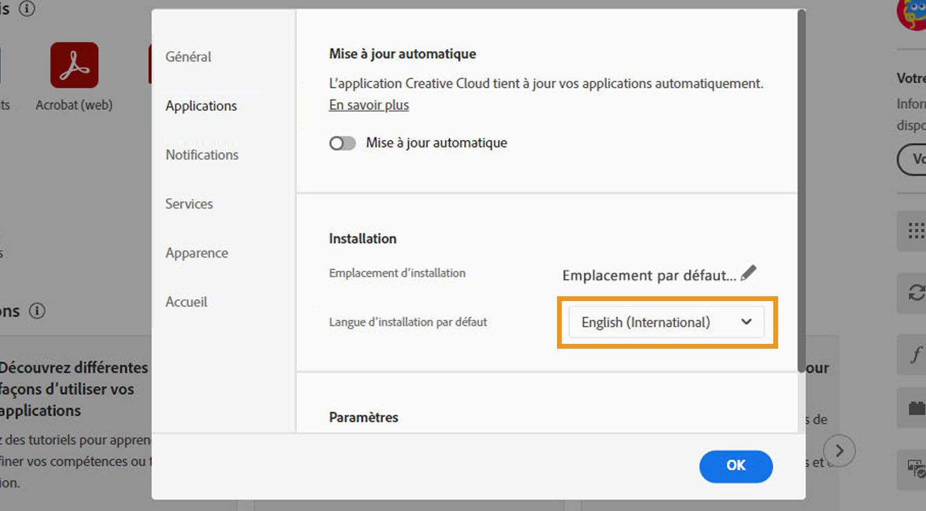 L’onglet Applications de la fenêtre Préférences affiche les options permettant d’activer ou de désactiver les mises à jour automatiques, de sélectionner l’emplacement d’installation et la langue d’installation par défaut et d’afficher les applications plus anciennes. 