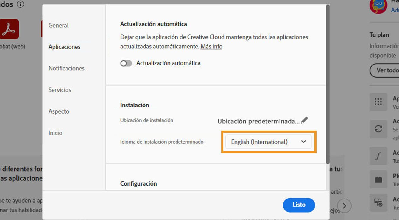 La pestaña Aplicaciones de la ventana Preferencias muestra opciones para habilitar o deshabilitar las actualizaciones automáticas, seleccionar la ubicación de instalación y el idioma de instalación predeterminados y ver aplicaciones más antiguas. 