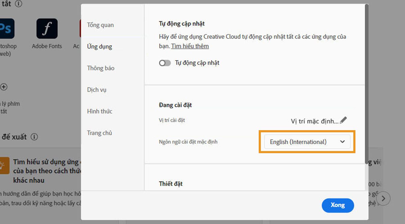 Tab Ứng dụng của cửa sổ Lựa chọn ưu tiên sẽ hiển thị các tùy chọn để bật hoặc tắt chế độ cập nhật tự động, chọn vị trí cài đặt và ngôn ngữ cài đặt mặc định, cũng như xem các ứng dụng cũ hơn. 