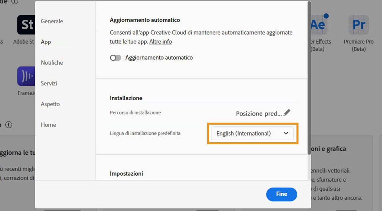La scheda App della finestra Preferenze mostra le opzioni per abilitare o disabilitare gli aggiornamenti automatici, selezionare il percorso di installazione e la lingua di installazione predefinita e visualizzare le app meno recenti. 