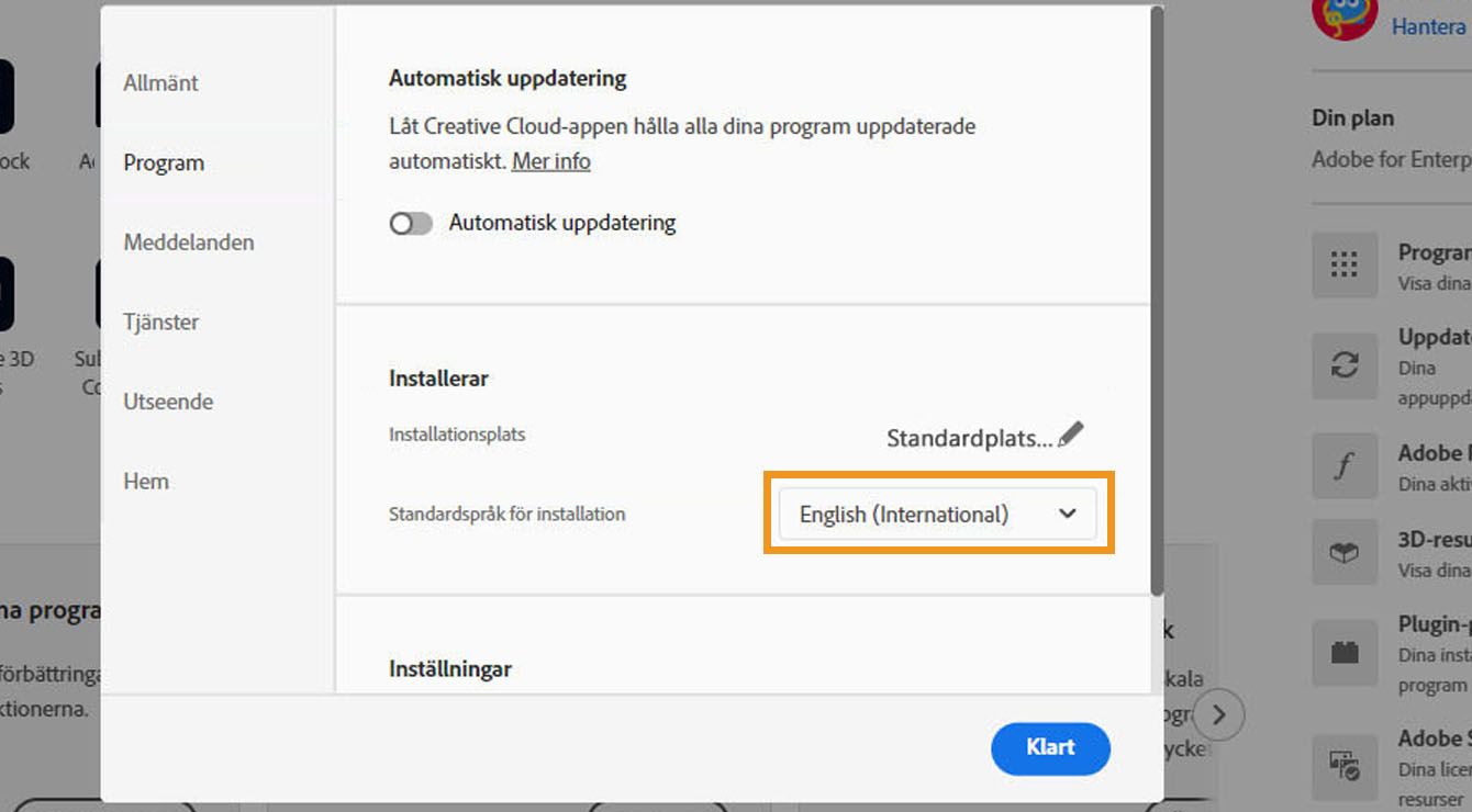 Fliken Program i fönstret Inställningar visar alternativ för att aktivera eller inaktivera automatiska uppdateringar, välja installationsplats och standardinstallationsspråk samt visa äldre program. 