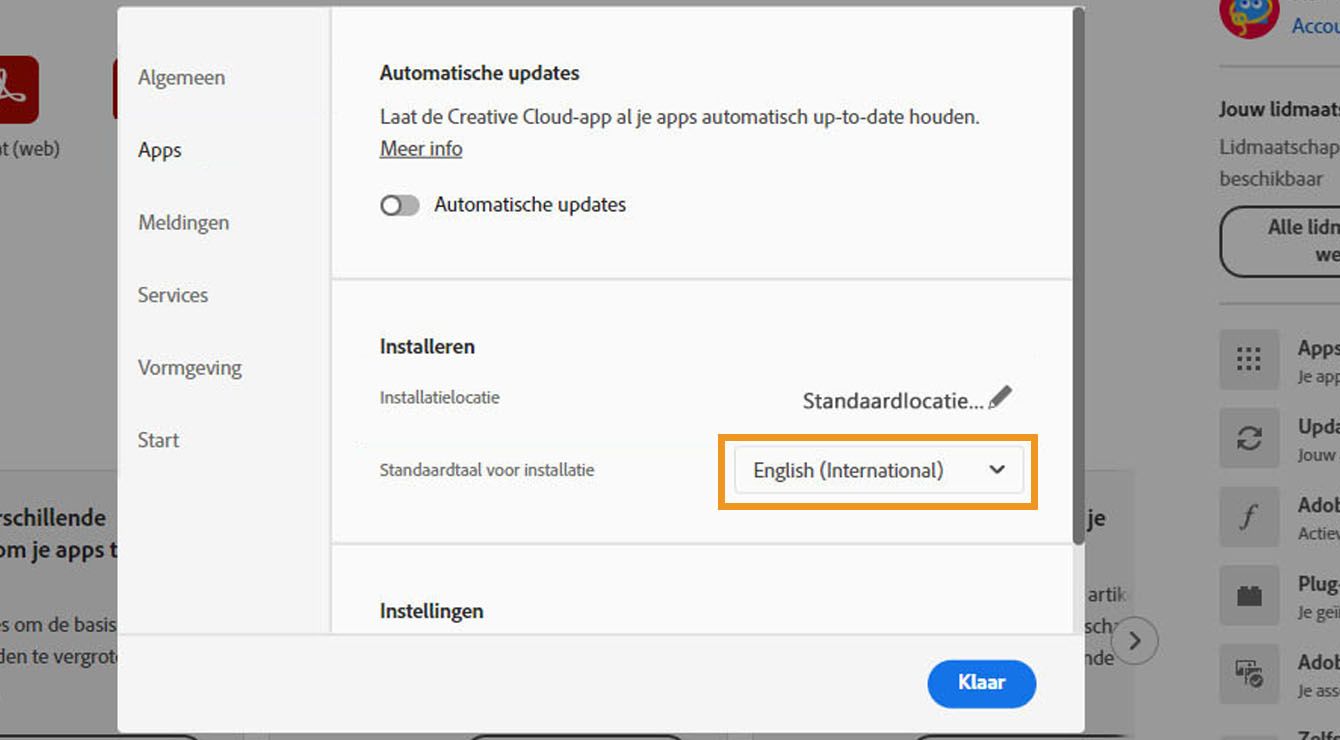 Het tabblad Apps van het venster Voorkeuren bevat opties om automatische updates in of uit te schakelen, de installatielocatie en de standaardtaal voor de installatie te selecteren en oudere apps te bekijken. 