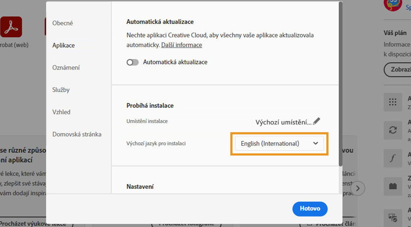 Karta Aplikace v okně Předvolby zobrazuje možnosti pro povolení nebo zakázání automatických aktualizací, výběr umístění instalace a výchozího jazyka instalace a zobrazení starších aplikací. 