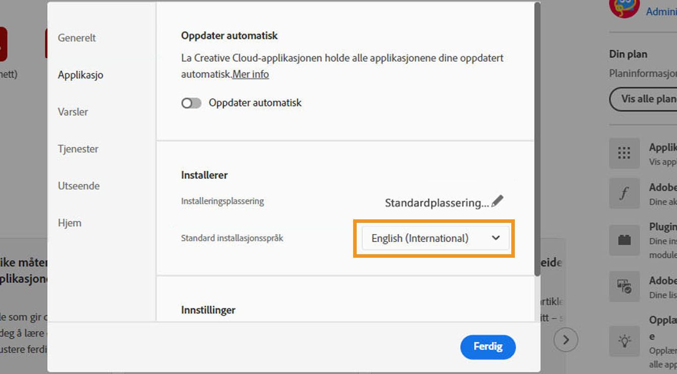 Fanen "Applikasjoner" i Innstillinger-vinduet viser alternativene for å aktivere/deaktivere automatiske oppdateringer, velge installasjonssted og standard installasjonsspråk samt vise eldre applikasjoner. 