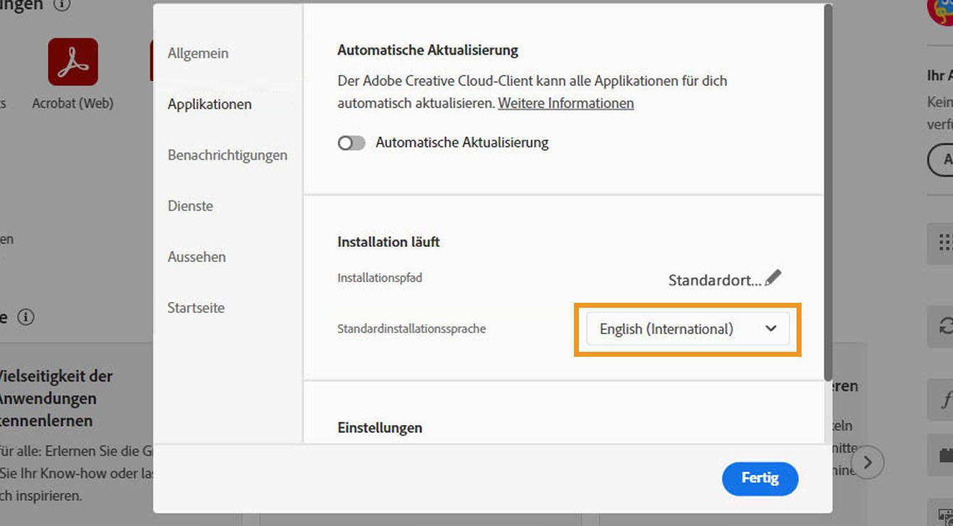 Auf der Registerkarte „Applikationen“ des Fensters „Voreinstellungen“ werden Optionen zum Aktivieren oder Deaktivieren der automatischen Aktualisierung, zum Auswählen des Installationspfads und der Standardinstallationssprache sowie ältere Applikationen angezeigt. 
