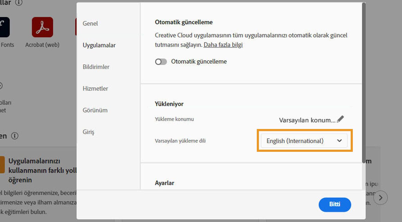 Tercihler penceresinin Uygulamalar sekmesinde, otomatik güncellemeleri etkinleştirme veya devre dışı bırakma, yükleme konumunu ve varsayılan yükleme dilini seçme ve eski uygulamaları görüntüleme seçenekleri gösterilir. 