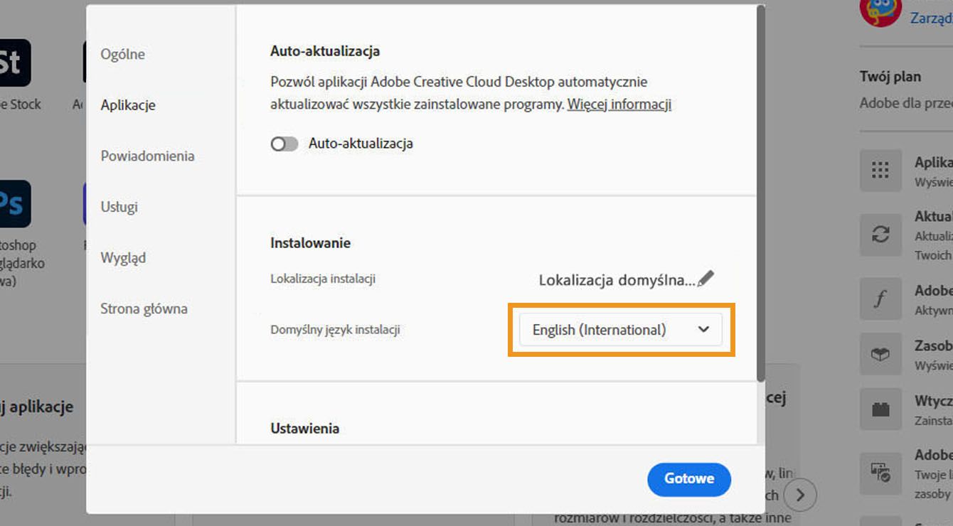 Na karcie Aplikacje w oknie Preferencje są wyświetlane opcje włączenia lub wyłączenia automatycznych aktualizacji, wyboru lokalizacji instalacji i domyślnego języka instalacji oraz wyświetlania starszych aplikacji. 