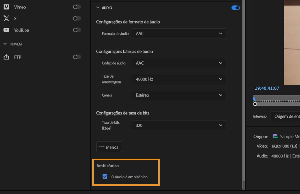 A caixa de seleção “O áudio é Ambisonics” está marcada para informar ao Adobe Premiere Pro que a faixa de áudio no clipe contém áudio Ambisonics. Isso garante que o áudio seja interpretado e processado corretamente durante a edição e exportação.