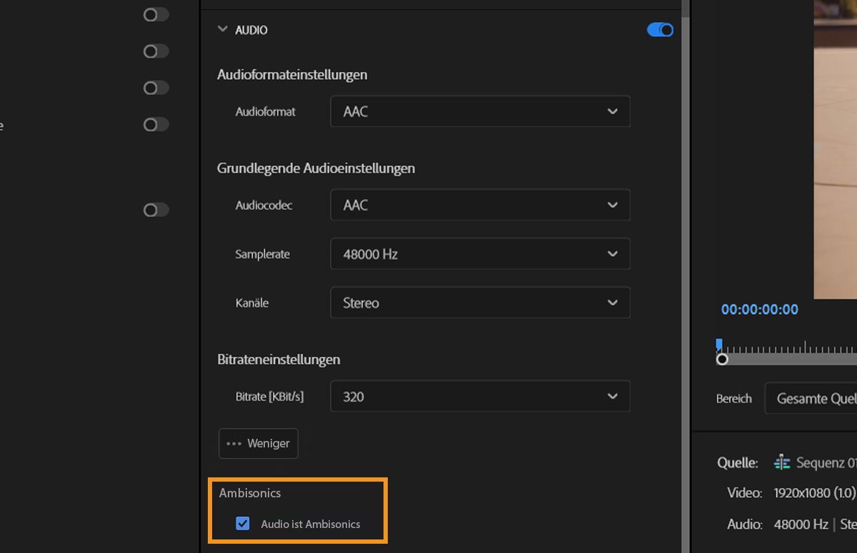 Das Kontrollkästchen „Audio ist Ambisonics&quot; ist ausgewählt, um Adobe Premiere Pro mitzuteilen, dass die Audiospur im Clip Ambisonics-Audiodaten enthält. Dies stellt sicher, dass das Audio während der Bearbeitung und des Exports korrekt interpretiert und verarbeitet wird.