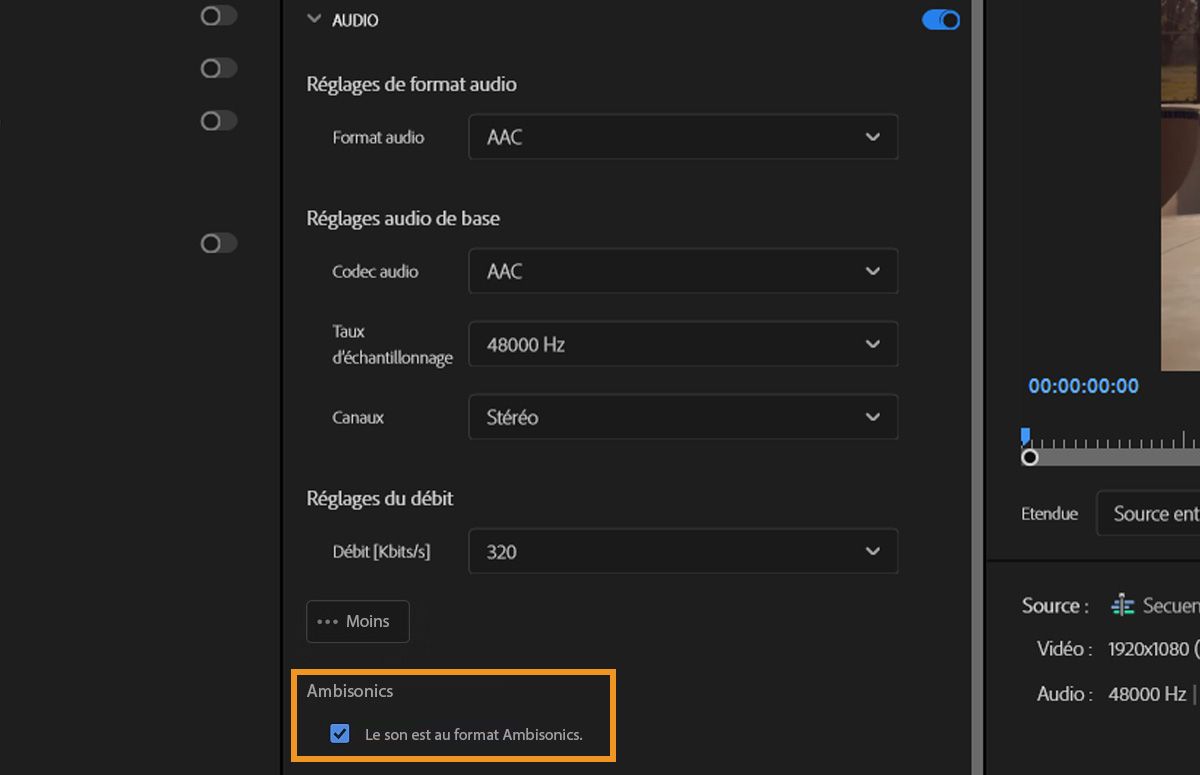 La case à cocher « Le son est au format Ambisonics » est sélectionnée pour indiquer à Adobe Premiere Pro que la piste audio du clip contient de l’audio ambisonique.Cela garantit que l’audio est correctement interprété et traité pendant le montage et l’export.