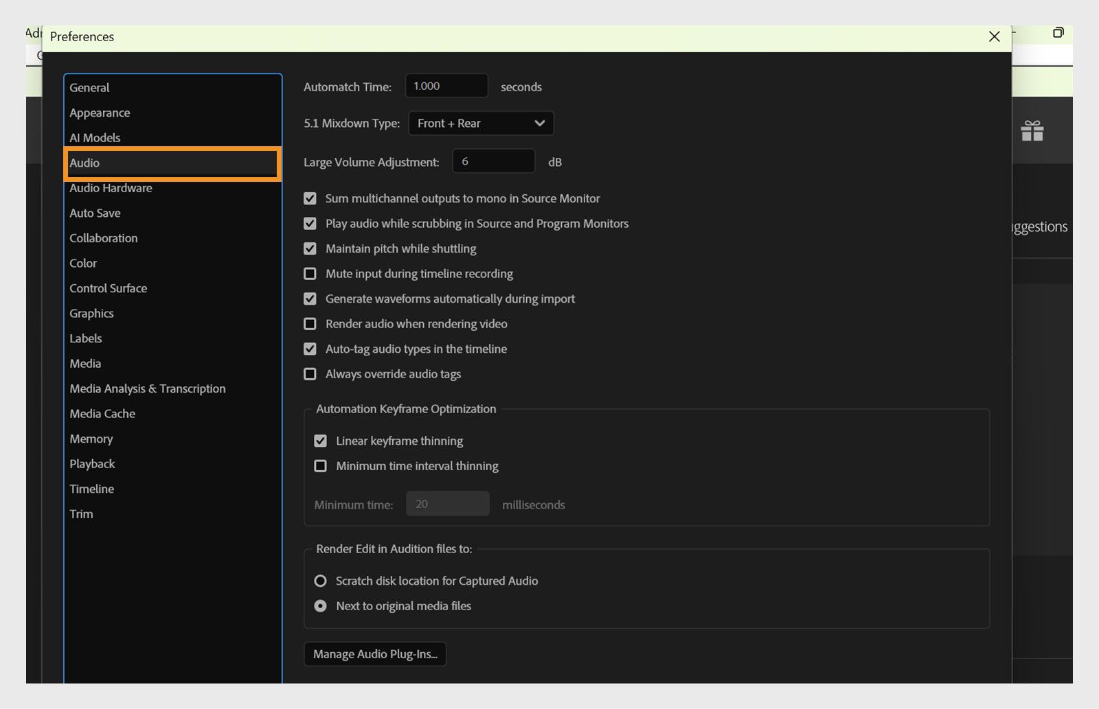 Il pannello Audio nella finestra di dialogo Preferenze mostra varie impostazioni audio come il tempo di corrispondenza automatica, il tipo di mixdown 5.1, la regolazione del volume elevato e altro ancora.