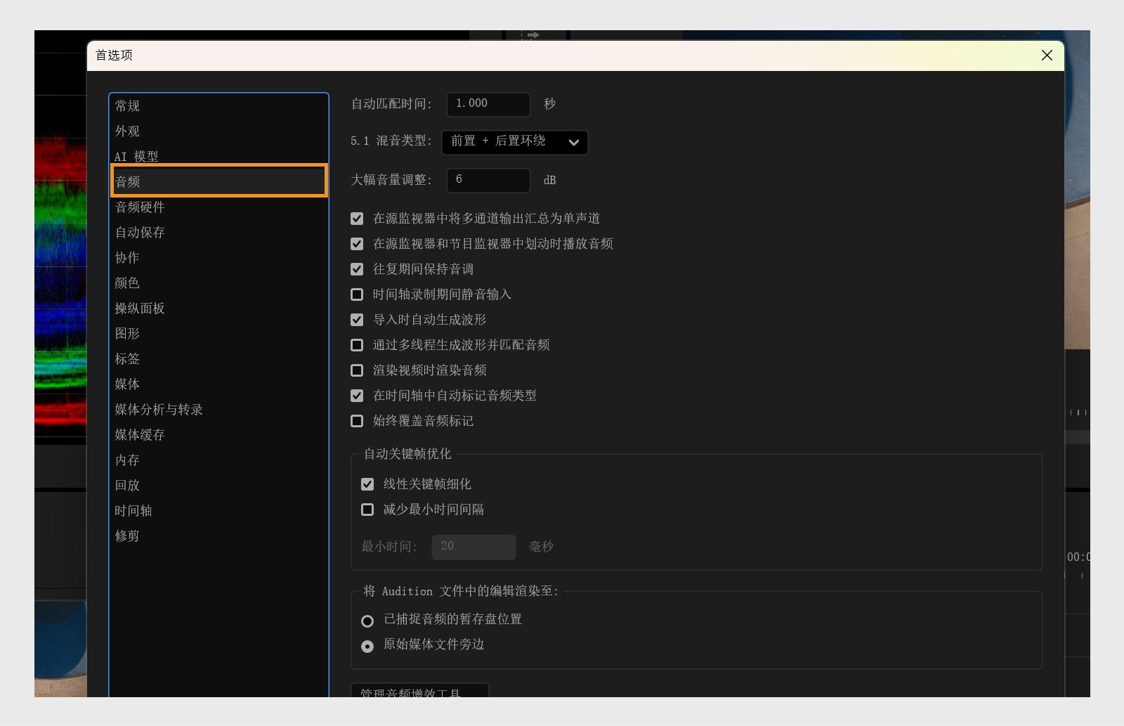 首选项对话框中的音频面板显示了多种音频设置，例如自动匹配时间、5.1 缩混类型、大幅音量调整等。