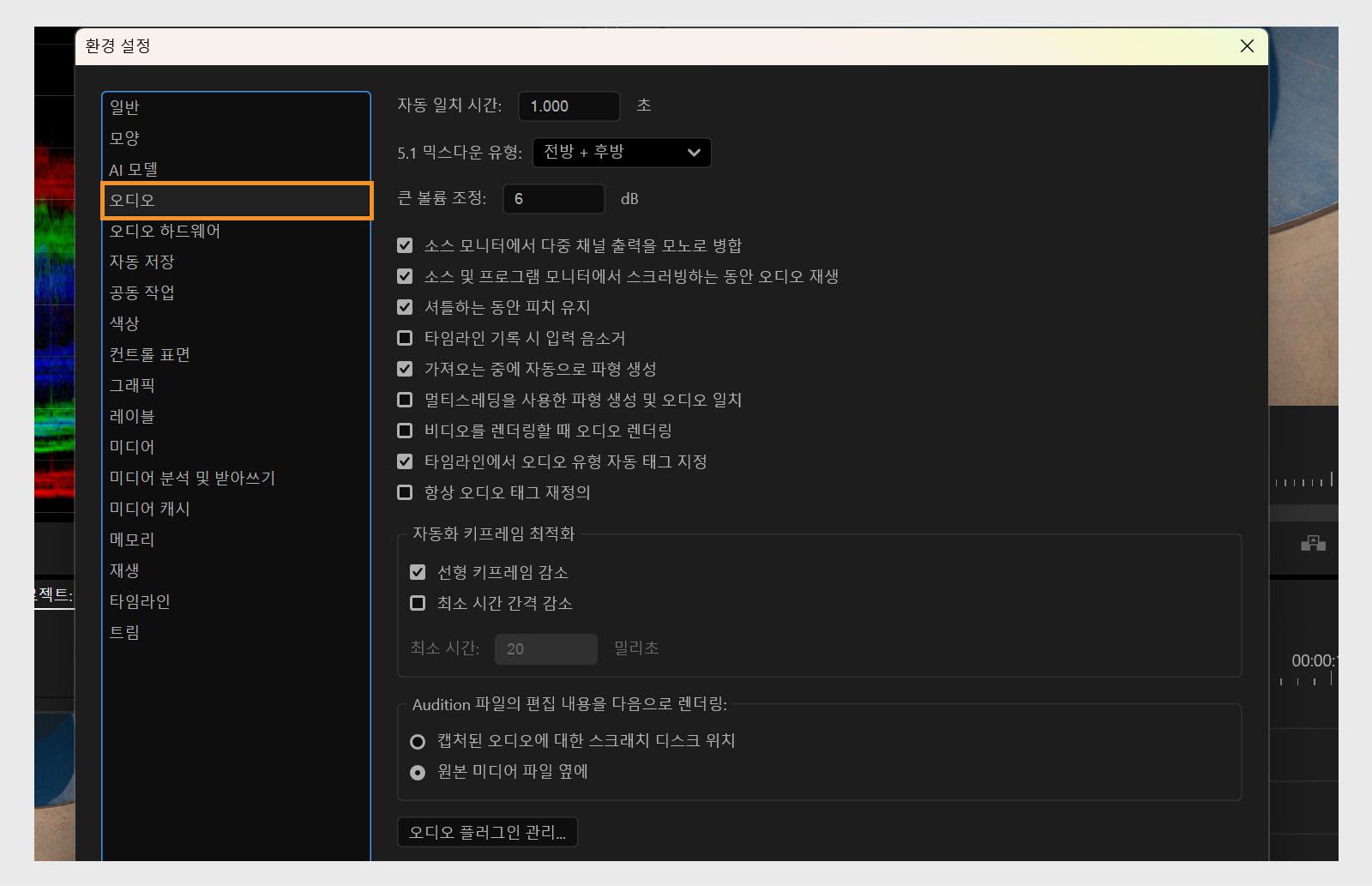 환경 설정 대화 상자의 오디오 패널에는 Automatch Time, 5.1 믹스다운 유형, 대규모 볼륨 조정 등 다양한 오디오 설정이 표시됩니다.