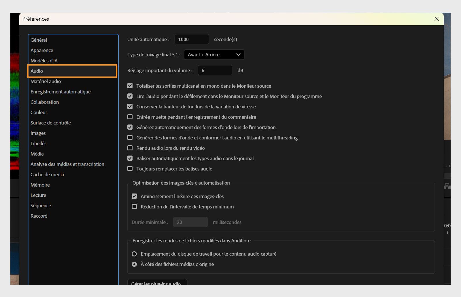 Le panneau Audio dans la boîte de dialogue Préférences affiche divers paramètres audio, comme l’Unité automatique, le Type de mixage final 5.1, le Réglage important du volume et plus encore.