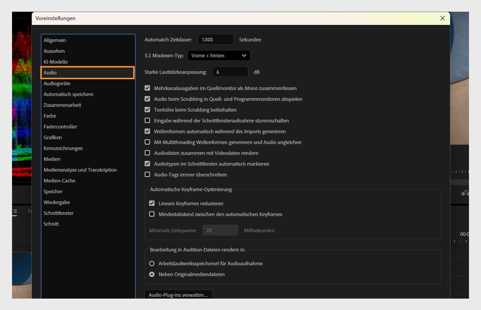 Das Audio-Bedienfeld im Einstellungen-Dialogfeld zeigt verschiedene Audio-Einstellungen wie Automatch-Zeit, 5.1-Mixdown-Typ, Große Lautstärkeanpassung und mehr an.