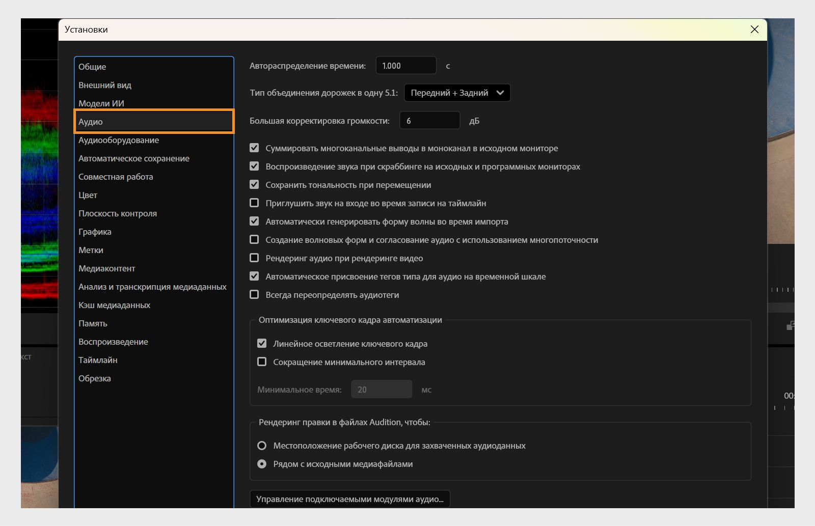 Панель «Аудио» в диалоговом окне «Настройки» отображает различные аудионастройки, такие как время автоматического сопоставления, тип микширования 5.1, регулировка большой громкости и другие.
