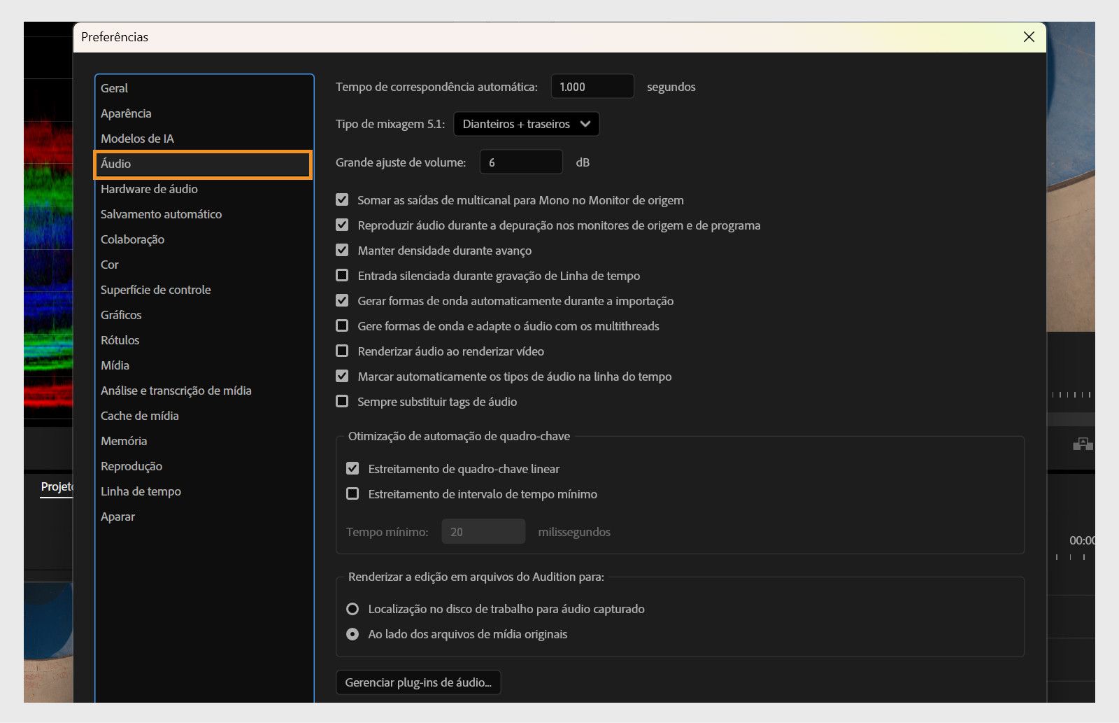 O painel Áudio na caixa de diálogo Preferências exibe várias configurações de áudio, como Tempo de correspondência automática, Tipo de mixagem 5.1, Ajuste de volume grande e muito mais.