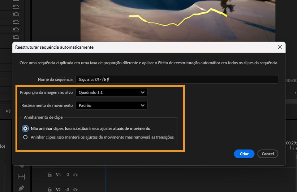 A caixa de diálogo “Reenquadrar sequência automaticamente”, onde você pode selecionar a proporção de destino e definir outras opções para reenquadrar sua sequência.
