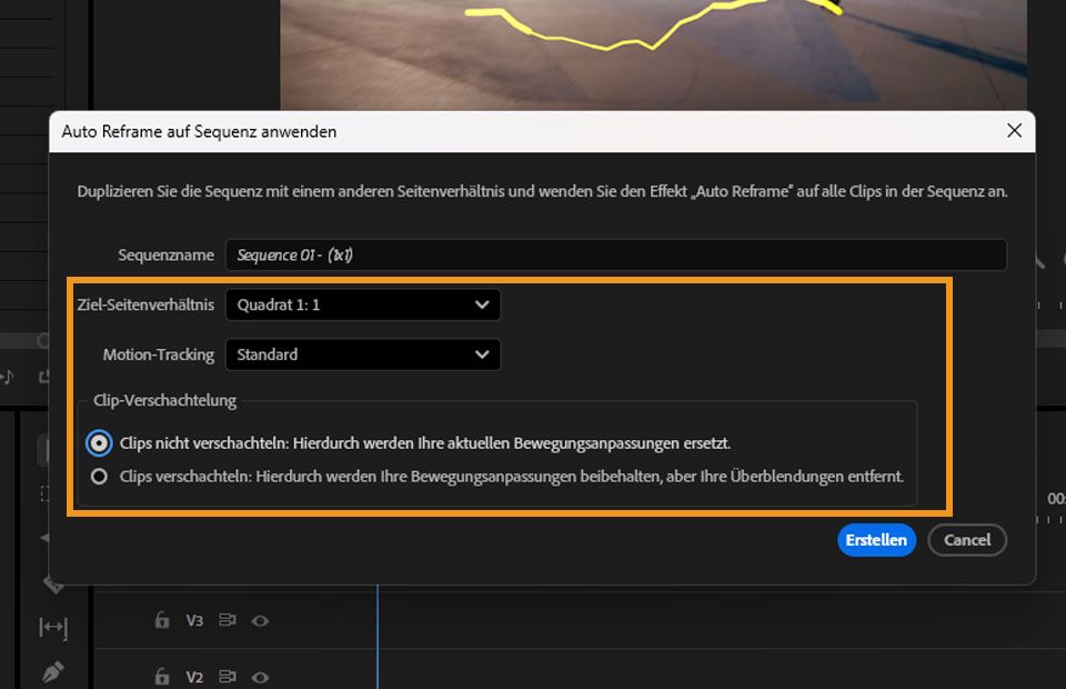 Das Dialogfeld „Auto Reframe auf Sequenz anwenden“, in dem du das Ziel-Seitenverhältnis auswählen und andere Optionen festlegen kannst, um ein Reframing deiner Sequenz durchzuführen.