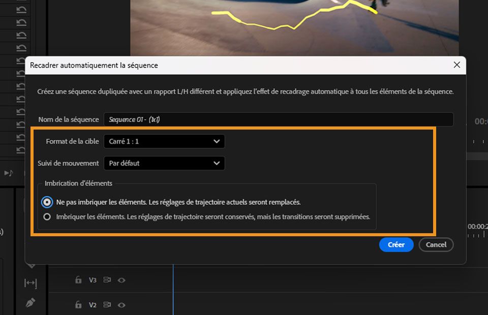 La boîte de dialogue Recadrage automatique de la séquence où vous pouvez sélectionner le rapport L/H cible et définir d'autres options pour recadrer votre séquence.
