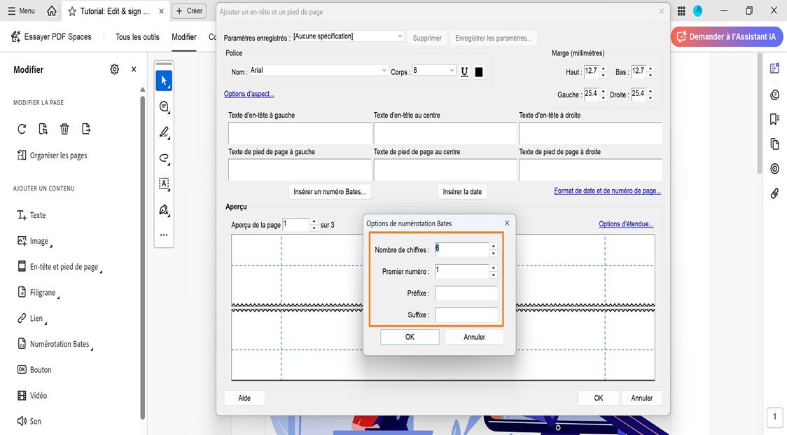 La boîte de dialogue Options de numérotation Bates affiche les champs suivants : Nombre de chiffres, Numéro de départ, Préfixe et Suffixe.