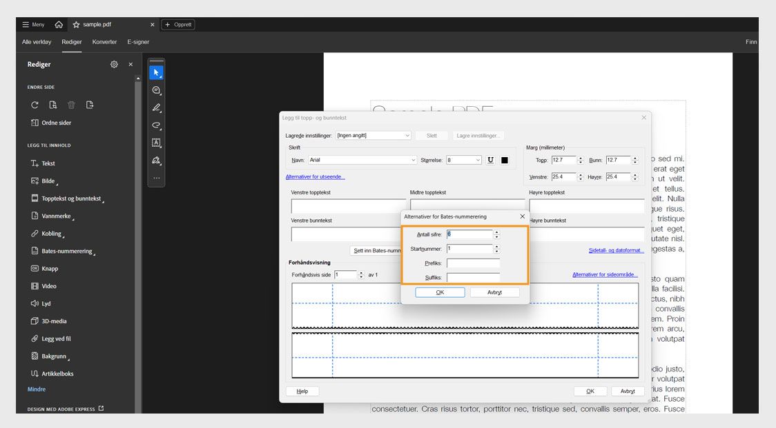 Dialogboksen for alternativer for Bates-nummerering viser følgende felter: Antall sifre, startnummer, prefiks og suffiks.