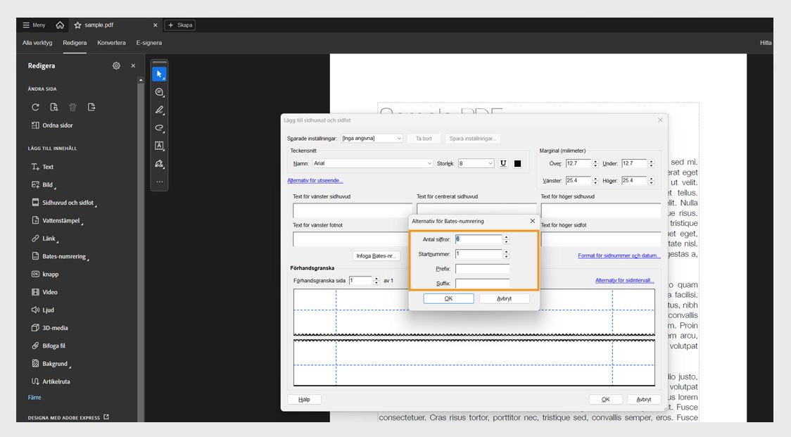 Dialogrutan för Bates-numreringsalternativ visar följande fält: Antal siffror, Startnummer, Prefix och Suffix.