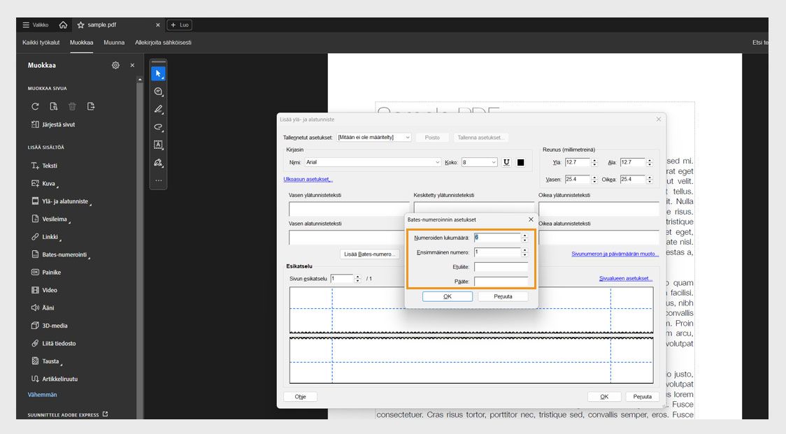 Bates-numeroinnin asetukset -valintaikkunassa näkyy seuraavat kentät: Numeroiden määrä, Aloitusnumero, Etuliite ja Jälkiliite.