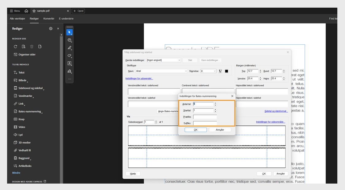 Dialogboksen Indstillinger for Bates-nummerering viser følgende felter: Antal cifre, Startnummer, Præfiks og Suffiks.