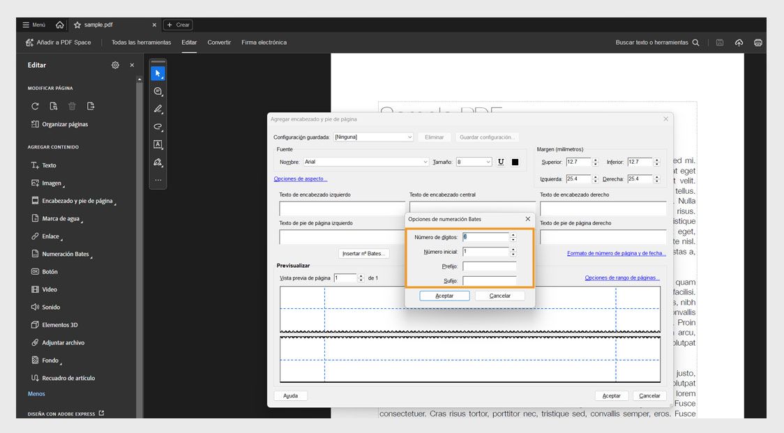 El cuadro de diálogo Opciones de numeración Bates muestra los siguientes campos: Número de dígitos, Número inicial, Prefijo y Sufijo.