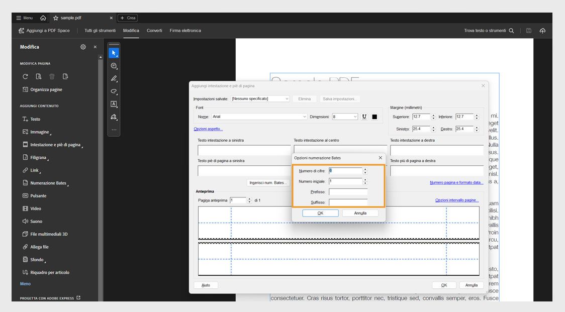 La finestra di dialogo Opzioni di numerazione Bates mostra i seguenti campi: Numero di cifre, Numero iniziale, prefisso e Suffisso.