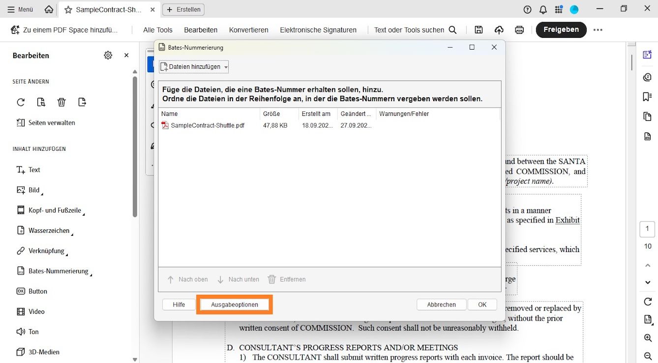 Das Dialogfeld „Bates-Nummerierung“ zeigt das Menü „Dateien hinzufügen“ an, um Dokumente für die Bates-Nummerierung einzuschließen. Die aufgelistete Datei zeigt Details zu Name, Größe, Erstellungs- und Änderungsdatum sowie Warnungen/Fehler an. Die Option „Ausgabeoptionen“ ist hervorgehoben.