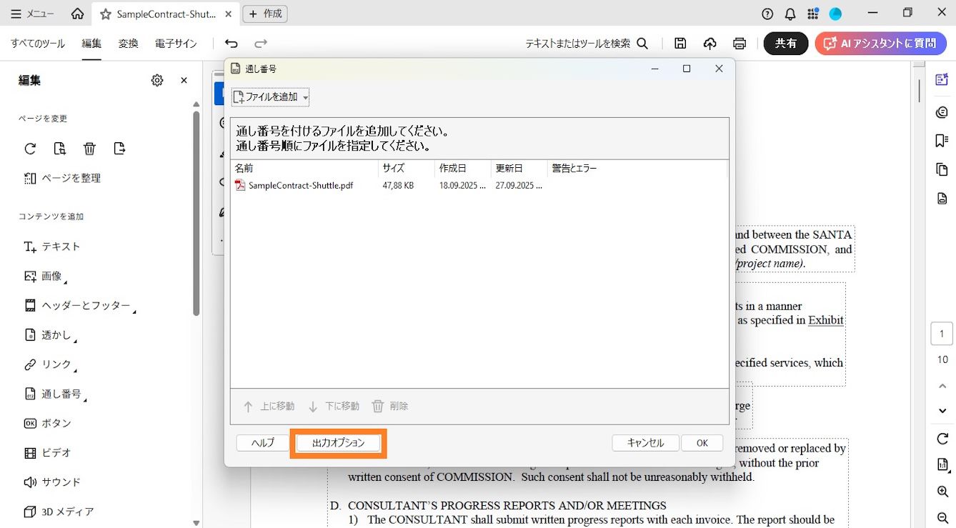 通し番号ダイアログボックスには、通し番号を適用する文書を含めるためのファイルを追加メニューが表示されます。リストされたファイルには、名前、サイズ、作成日、更新日、および警告／エラーの詳細が表示されます。「出力オプション」が強調表示されています。