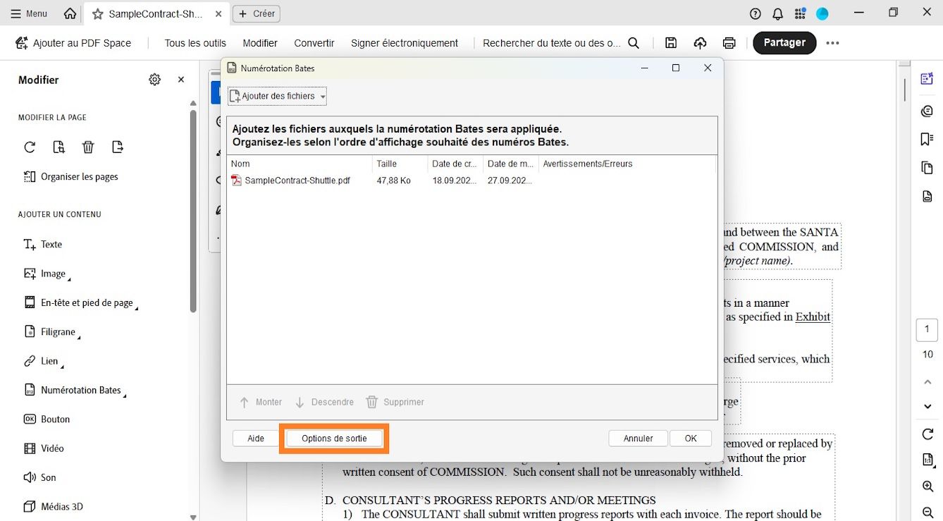 La boîte de dialogue Numérotation Bates présente le menu Ajouter des fichiers pour inclure des documents auxquels appliquer une numérotation Bates. Le nom, la taille, les dates de création et de modification, ainsi que les avertissements ou erreurs sont indiqués pour le fichier répertorié. Le bouton Options de sortie est mis en évidence.