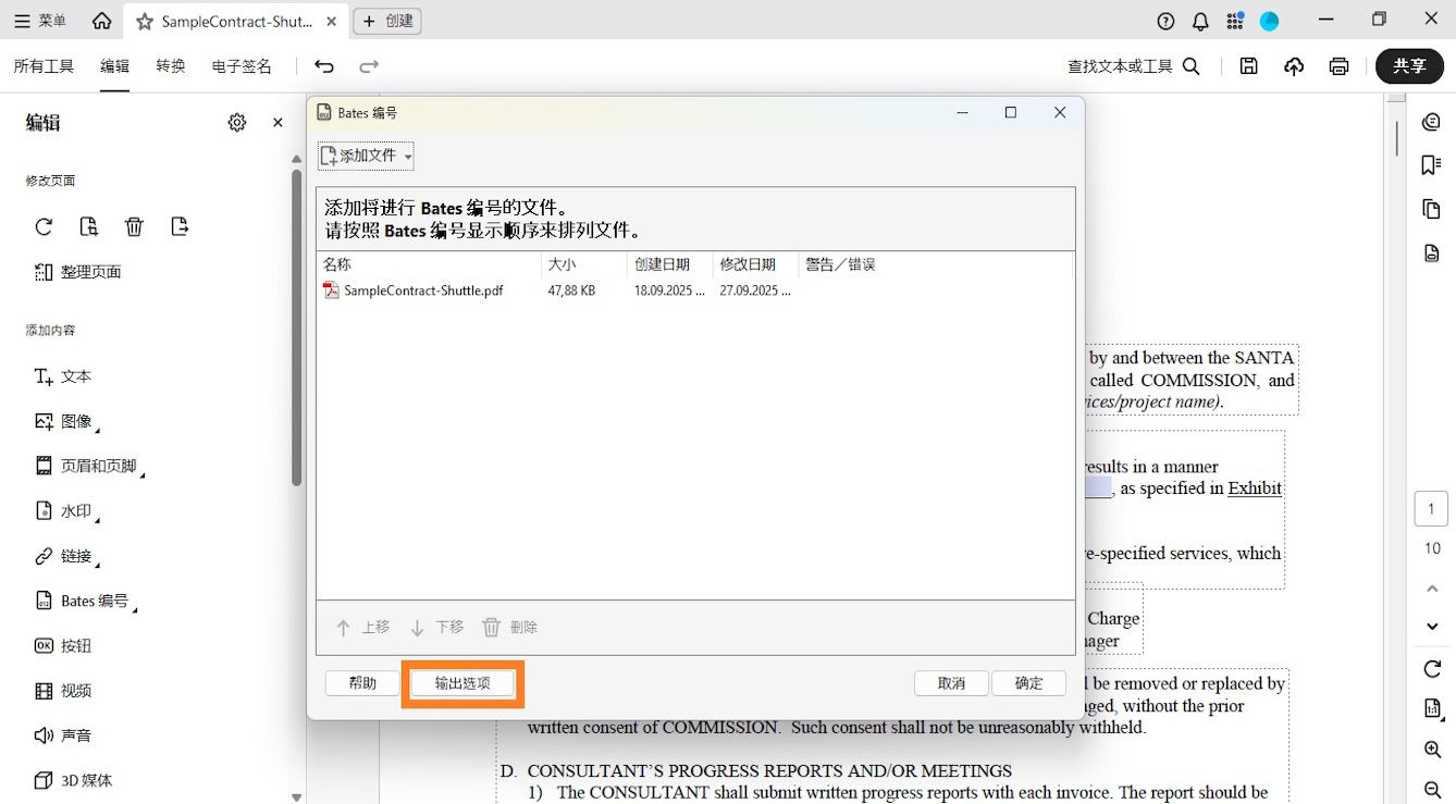 “贝茨编号”对话框显示“添加文件”菜单，以包含要添加贝茨编号的文档。列出的文件显示名称、大小、创建日期和修改日期以及警告/错误详细信息。突出显示了“输出选项”选项。