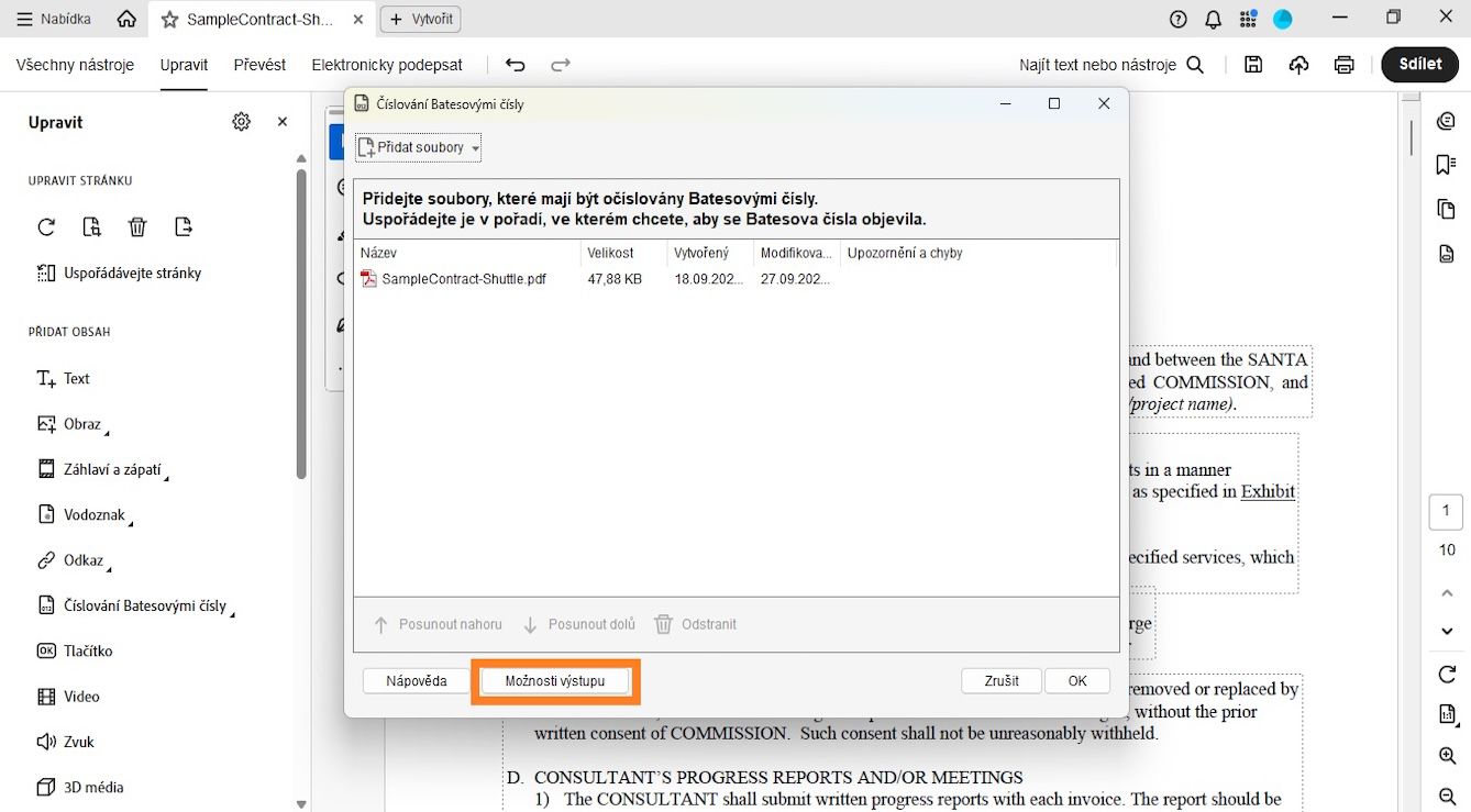 Dialogové okno Batesovo číslování zobrazuje nabídku Přidat soubory pro zahrnutí dokumentů pro Batesovo číslování.U uvedeného souboru se zobrazují podrobnosti o názvu, velikosti, datu vytvoření a úpravy a varování/chyby.Možnost Možnosti výstupu je zvýrazněna.