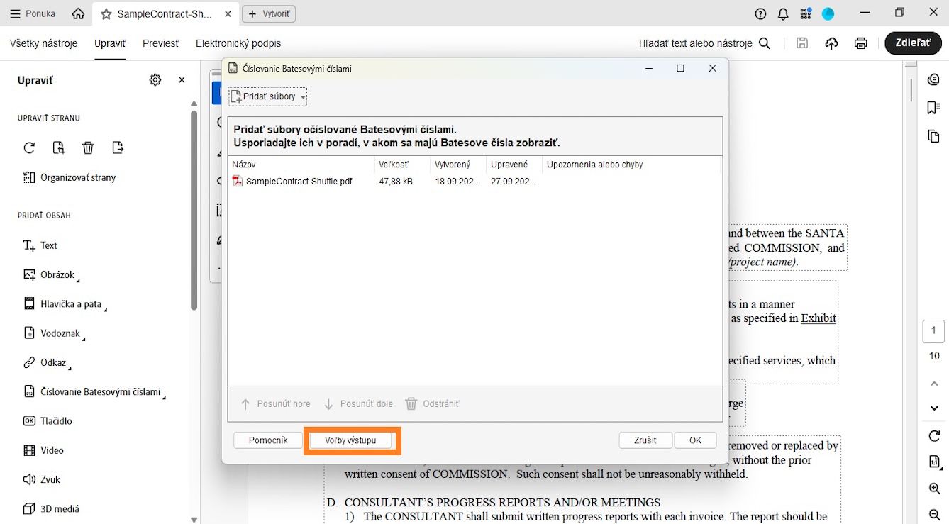 Dialógové okno Batesovo číslovanie zobrazuje ponuku Pridať súbory na zahrnutie dokumentov pre Batesovo číslovanie.Uvedený súbor zobrazuje podrobnosti o názve, veľkosti, dátumoch vytvorenia a úpravy a upozorneniach/chybách.Možnosť Možnosti výstupu je zvýraznená.