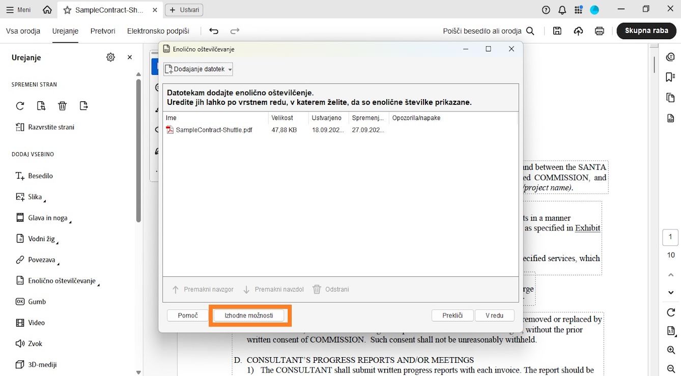 V pogovornem oknu Enolično oštevilčevanje je prikazan meni Dodajanje datotek, ki vključuje dokumente za enolične oštevilčevanje. Navedena datoteka prikazuje podrobnosti o imenu, velikosti, datumu ustvarjanja in spremembe ter opozorila/napake. Možnost Izhodne možnosti je označena.
