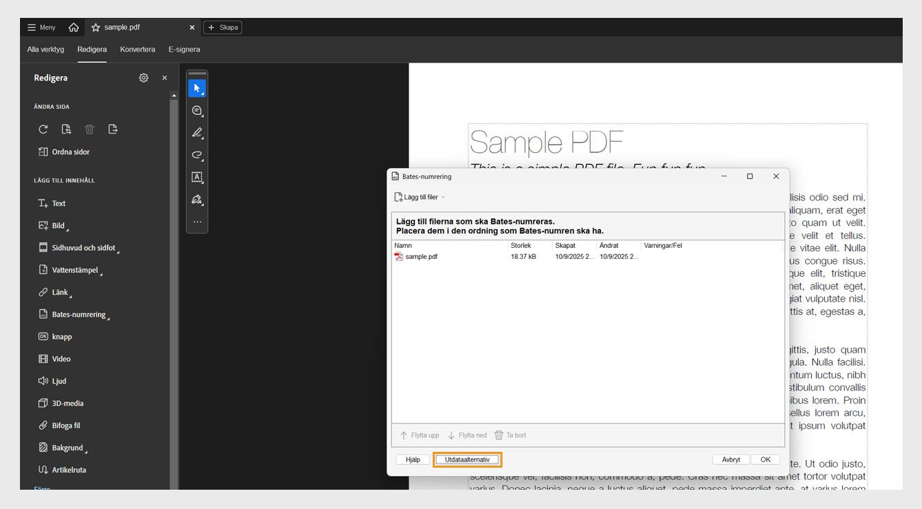 Dialogrutan Bates-numrering visar menyn Lägg till filer för att inkludera dokument för Bates-numrering. Den listade filen visar detaljer om Namn, Storlek, Skapad och Ändrad datum samt Varningar/Fel. Alternativet Utdataalternativ är markerat.
